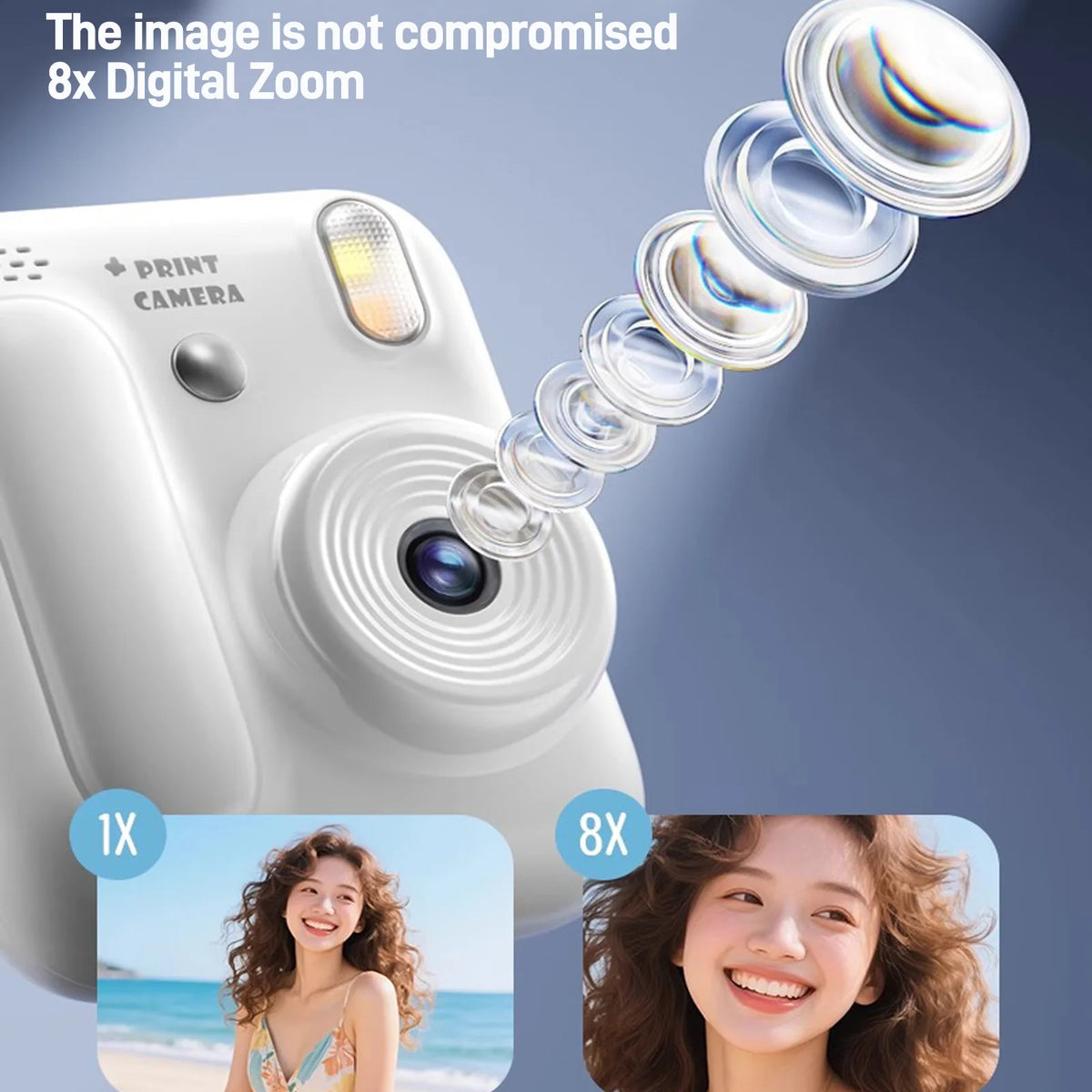 A white instant print camera is shown with a close-up of the lens and an example of zoomed photos.