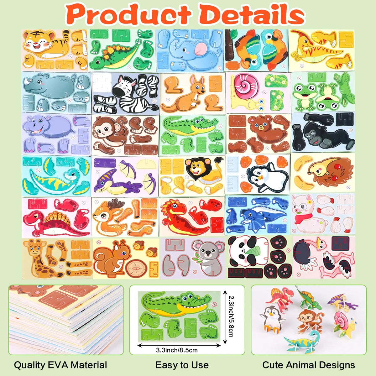 A colorful 3D DIY cardboard puzzle set featuring various animals, dinosaurs, insects, and vehicles for kids.