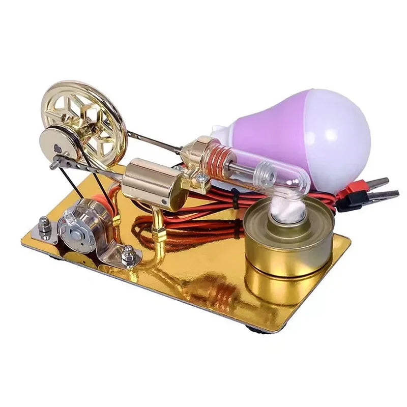 A miniature Stirling engine model featuring a light bulb and brass components on a golden base.