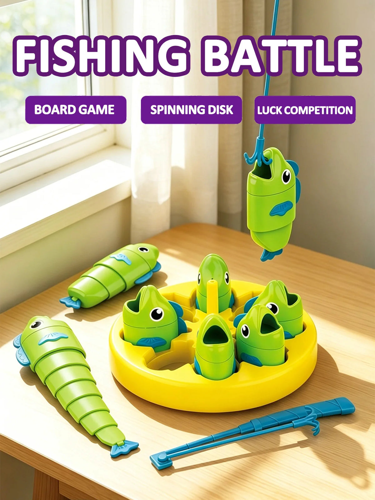 A yellow board game featuring green spinning fishing disks and a green elongated fish toy.