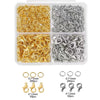 A clear plastic container holding gold and silver lobster clasps and open jump rings for jewelry making
