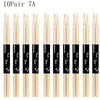 A set of ten pairs of maple wood drumsticks with nylon tips labeled 7A, arranged vertically.