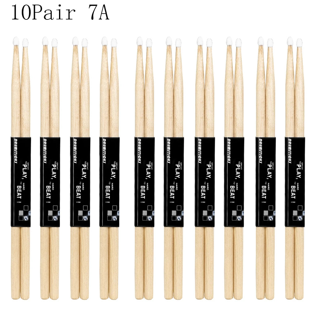 A set of ten pairs of maple wood drumsticks with nylon tips labeled 7A, arranged vertically.