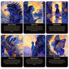 A set of four oracle cards featuring mystical imagery and text on themes like faith, opening up, reassess, and patience.