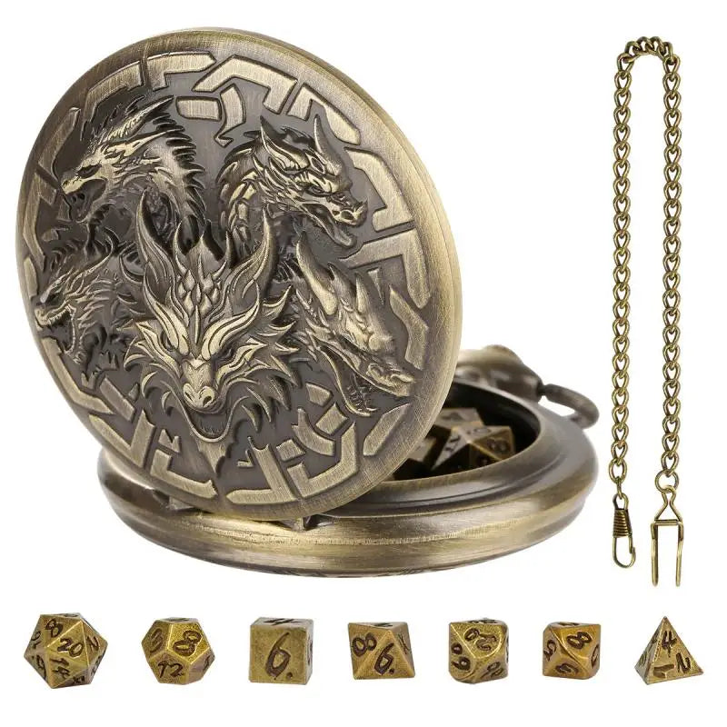 Metal Polyhedral Dice Set with Pocket Watch Case