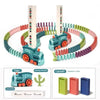 Automatic domino train toy with educational building blocks featuring wooden train cars and colorful blocks.