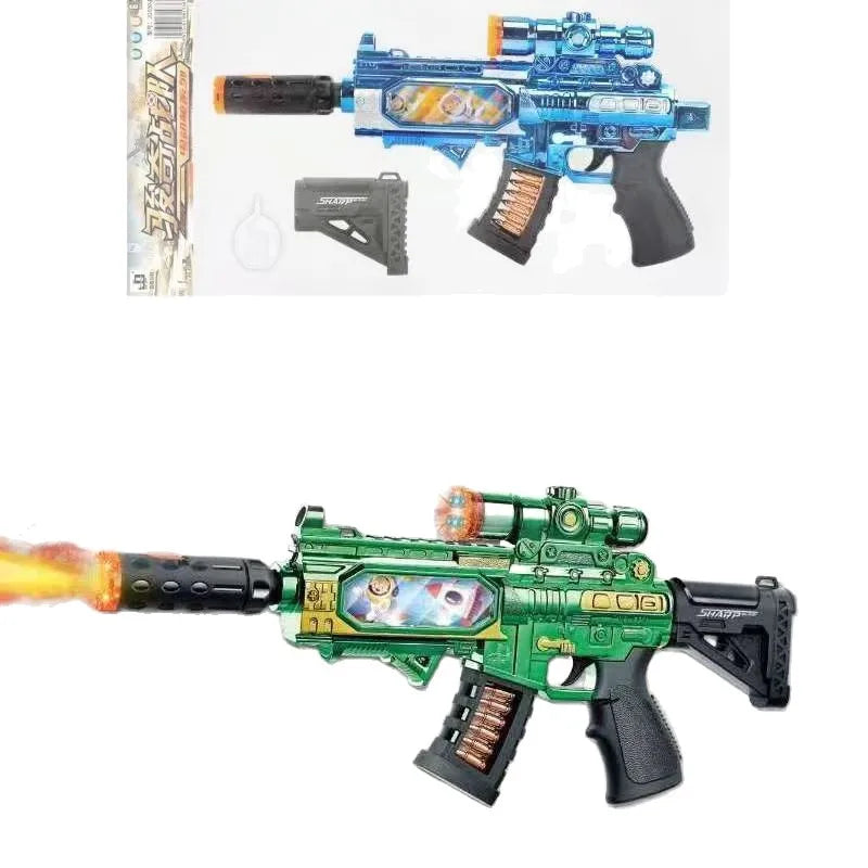 A green LED light-up water mist blaster toy gun with sound effects and an attached magazine.
