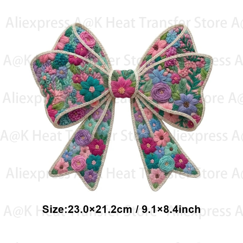 Floral letter bow iron-on patches for DIY clothing and accessories featuring pink, purple, and green flowers