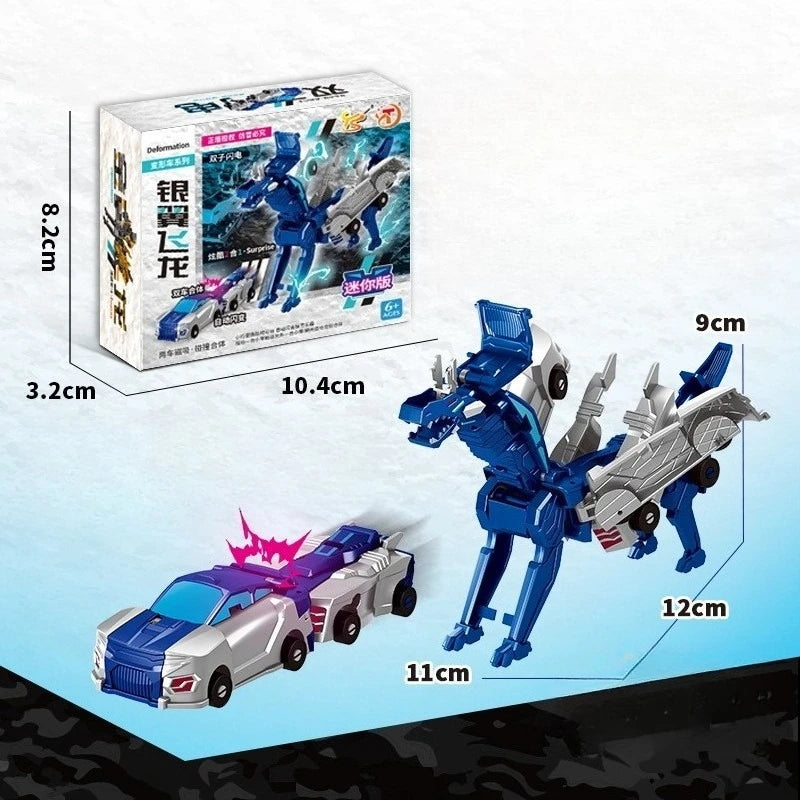 A blue transforming dinosaur car toy is shown next to its packaging and dimensions.
