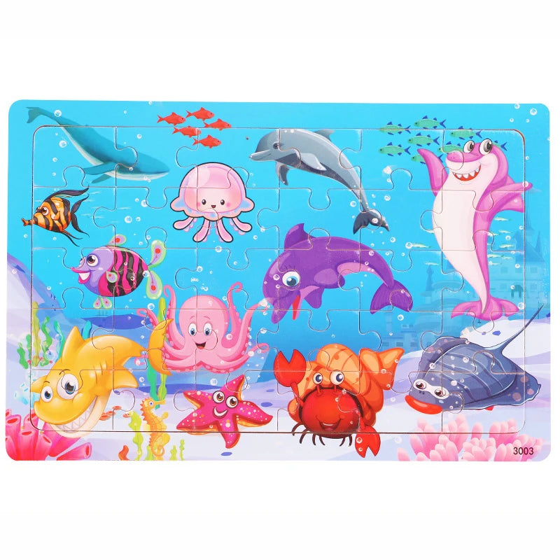 A 30-piece wooden jigsaw puzzle featuring various colorful sea animals like dolphins, octopuses, and fish.