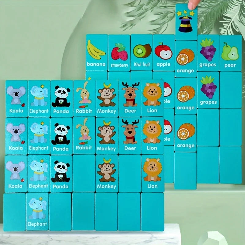 A wooden farm and fruit matching puzzle game with various animal and fruit pieces arranged in a grid.
