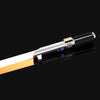 A close-up view of an RGB metal lightsaber with a removable blade and sound effects features, displayed against a black backg