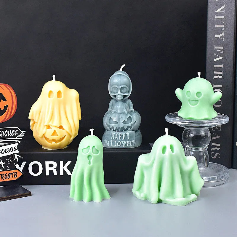 A collection of silicone ghost molds in yellow and green colors for Halloween candles and DIY crafts.