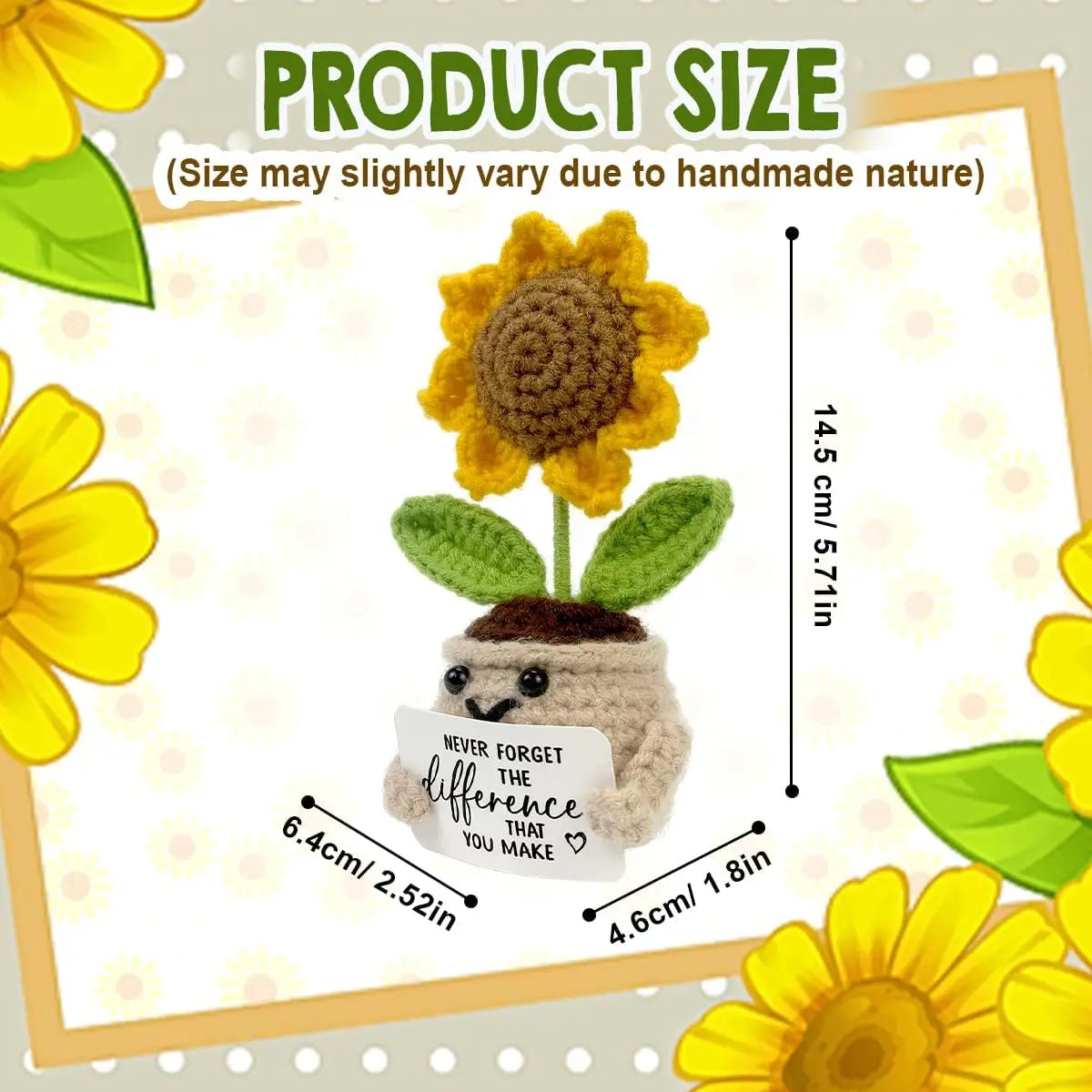 Handmade crochet sunflower pot doll with yellow petals and green leaves displayed in a framed picture.