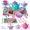 A set of two matching kids tea party playsets featuring a blue kettle and purple cups, along with various food items.