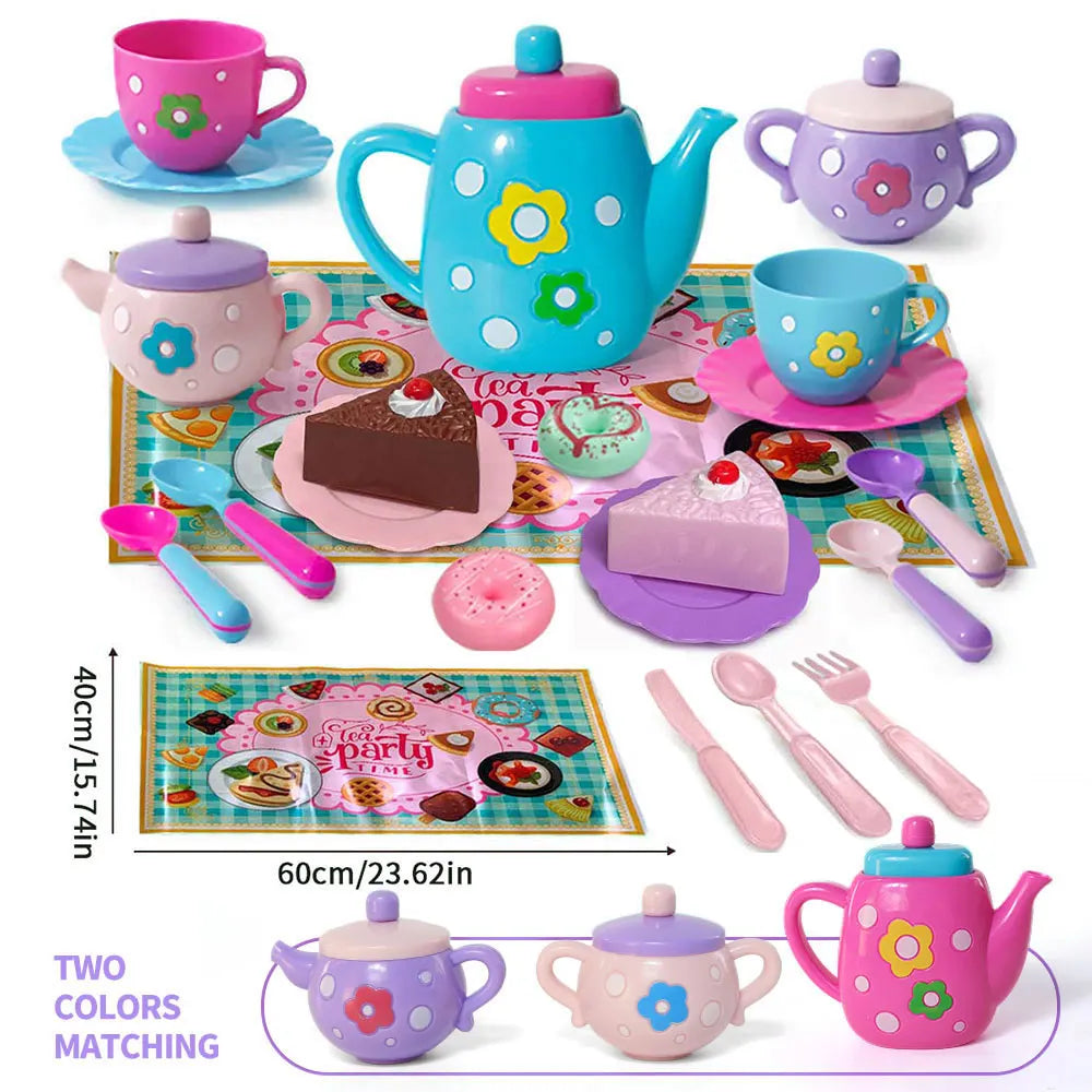 A set of two matching kids tea party playsets featuring a blue kettle and purple cups, along with various food items.
