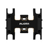 Black CNC aluminum skid plate for a 1/24 RC crawler with gold accents.