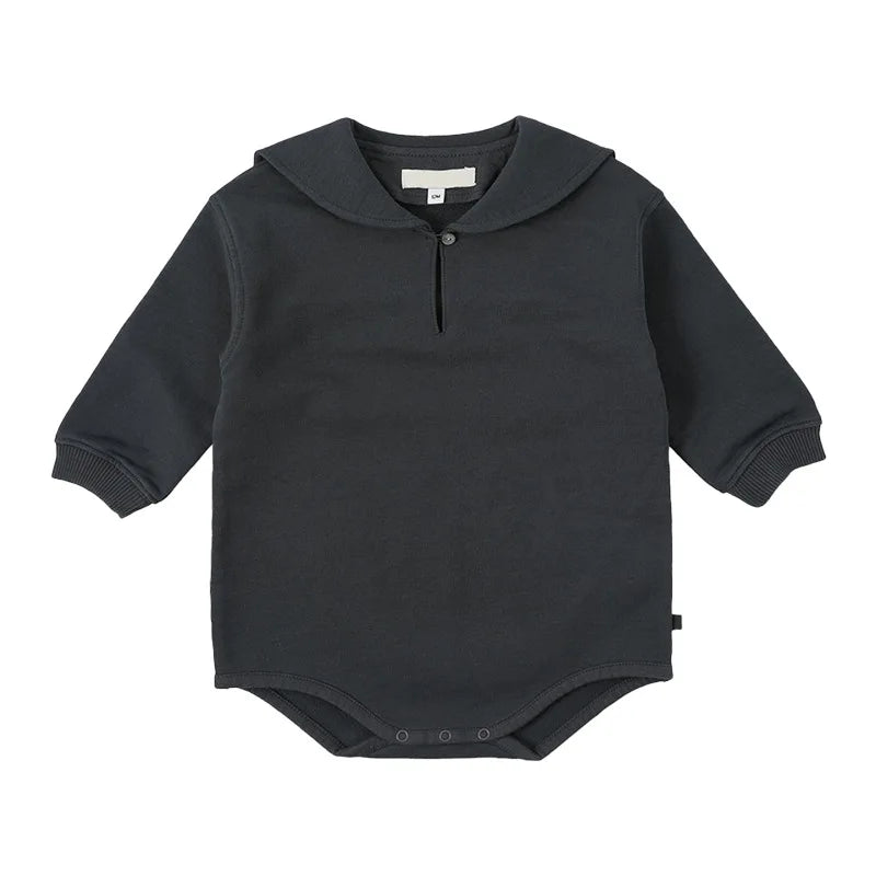 A dark gray knit sweater and pants set for a toddler, shown flat lay.