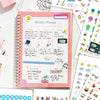 A pink weekly planner with daily layouts and notes, surrounded by various planner stickers.