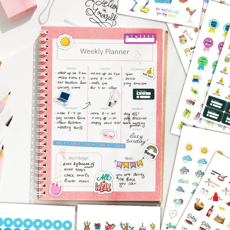 A pink weekly planner with daily layouts and notes, surrounded by various planner stickers.
