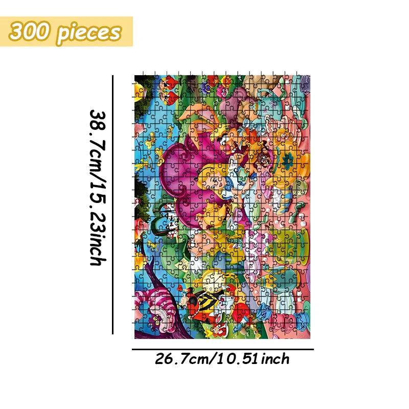 A 300 piece jigsaw puzzle depicting a colorful Alice in Wonderland tea party scene.