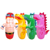 Three colorful inflatable dinosaur punching bag tumblers in red, yellow, and pink.