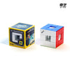 A yellow box for a QY SpeedCube puzzle and an assembled red and white cube.