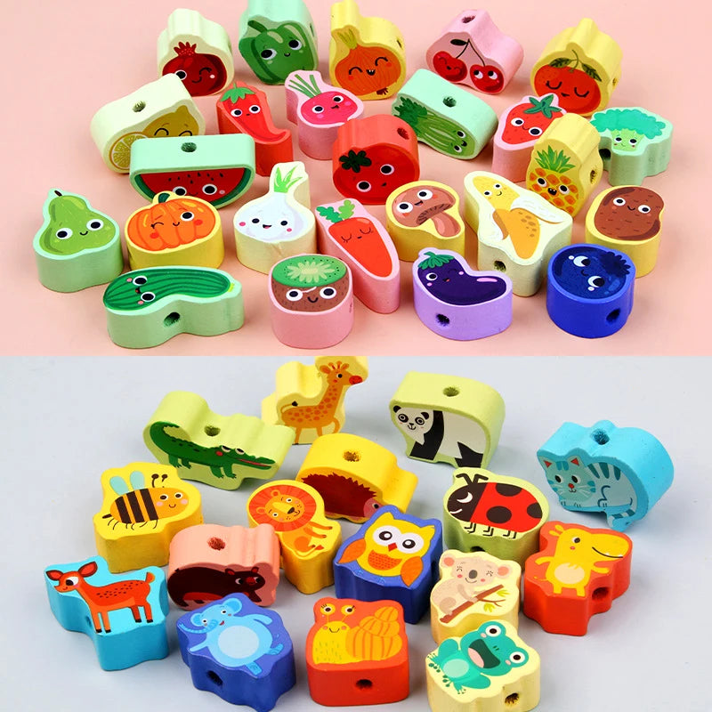 Wooden Animal & Fruit Threading Beads Set for Toddlers