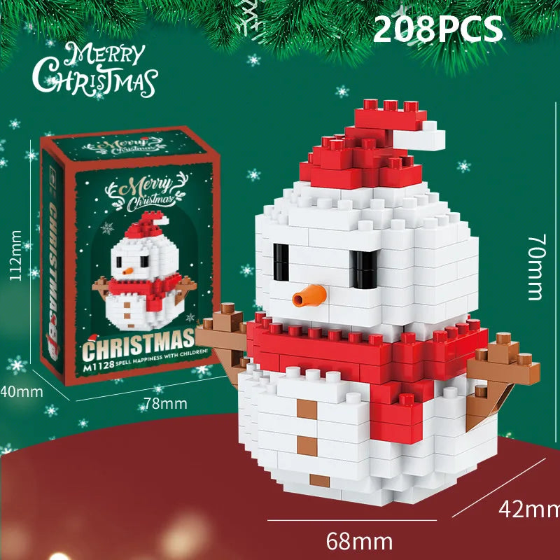 A white and red Christmas snowman built from interlocking plastic blocks, packaged with a festive green background.
