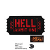 A black reflective patch with red text reading HELL ADMIT ONE featuring a hook and loop closure.