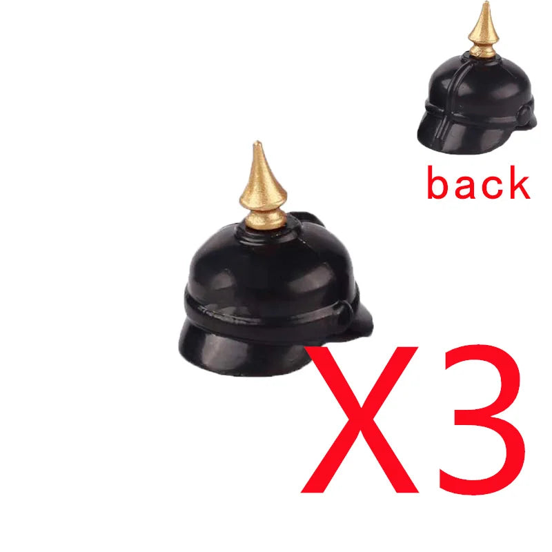 Black military building block set with gun and helmet accessories shown from the back