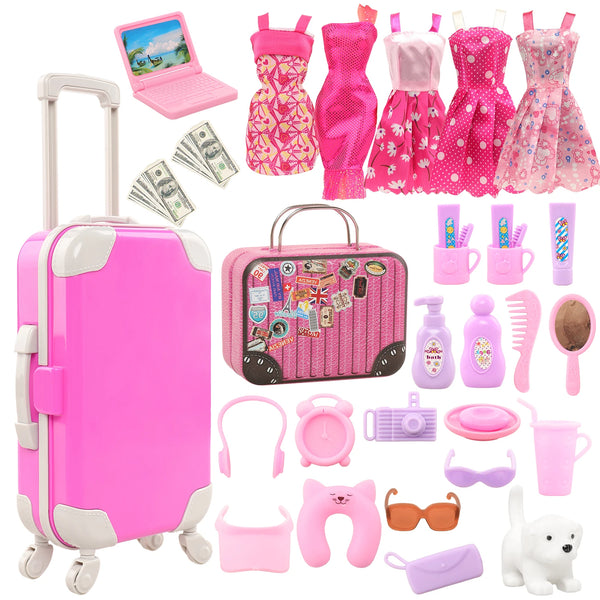 A collection of pink and purple doll accessories including handbags, hair tools, and small items.