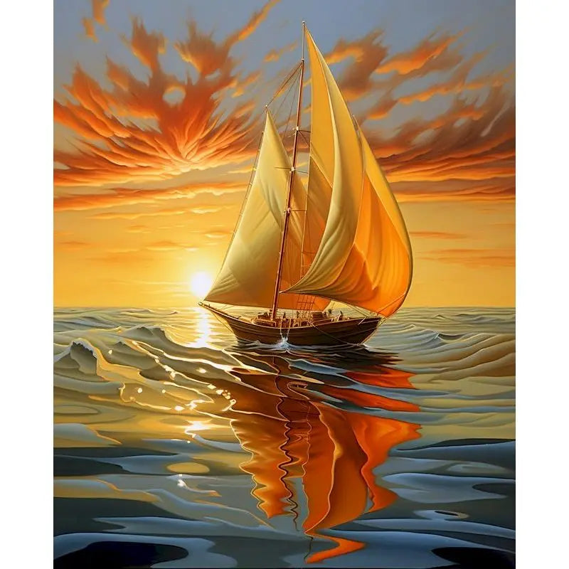A sailboat with golden sails is reflected on the water against a vibrant orange and yellow sunset sky.