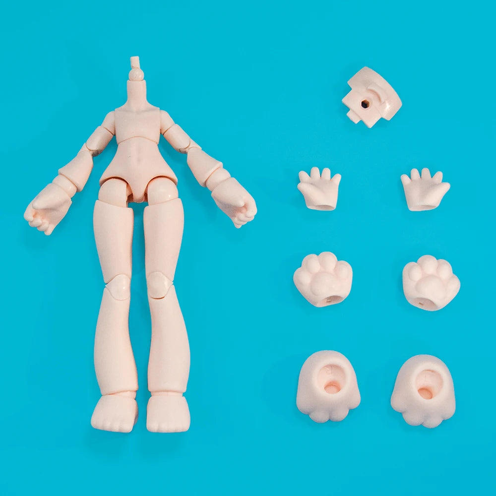 A light pink 1/12 scale lunar-themed posable doll and several small, hand-shaped accessories on a blue background.