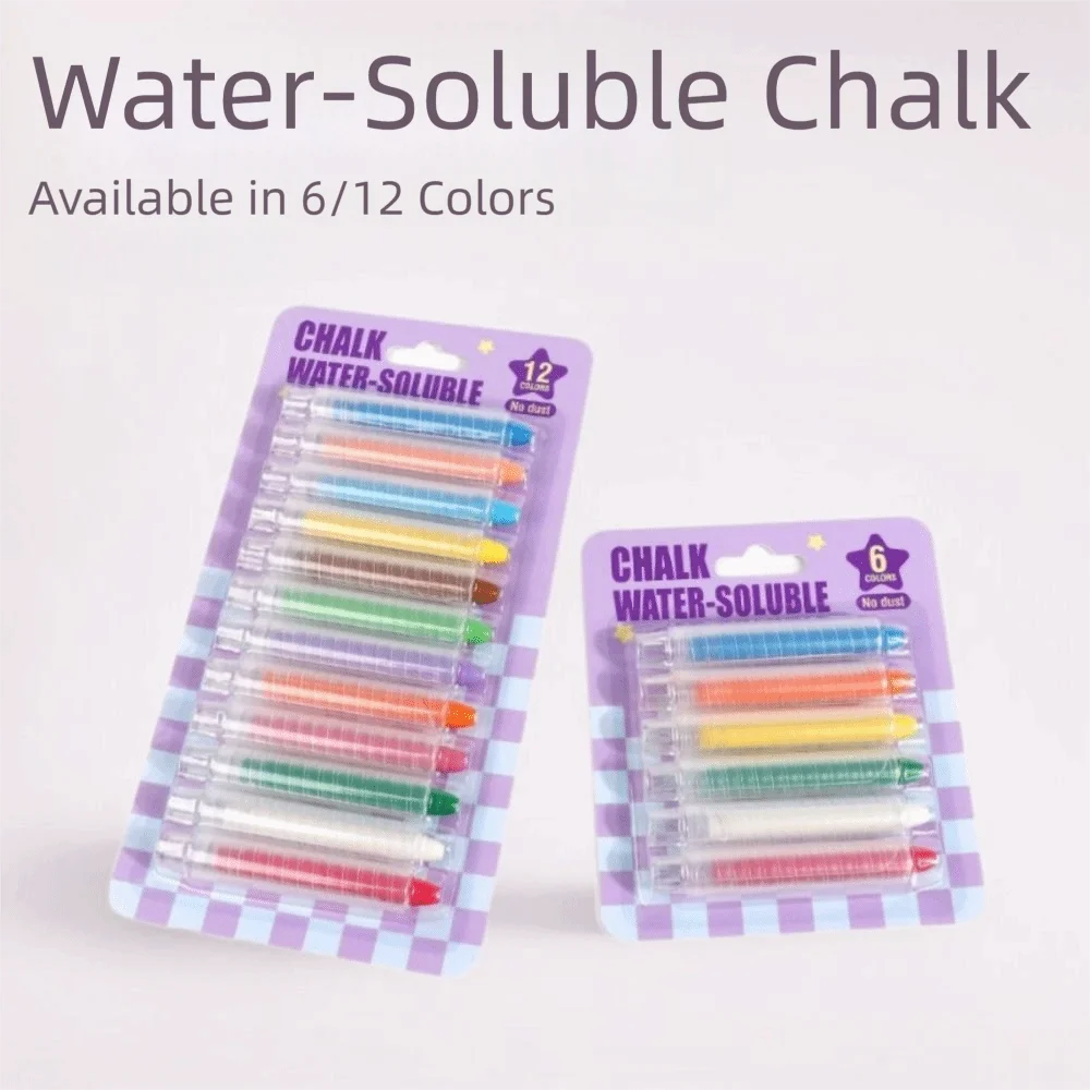 A display of water-soluble chalk pencils in various colors arranged in plastic packaging.