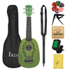 A green ukulele with a kiwi fruit design, along with its carrying strap and case.