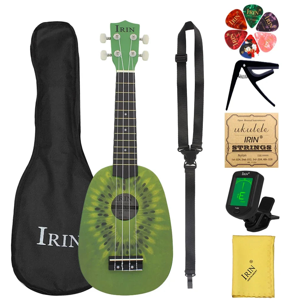 A green ukulele with a kiwi fruit design, along with its carrying strap and case.