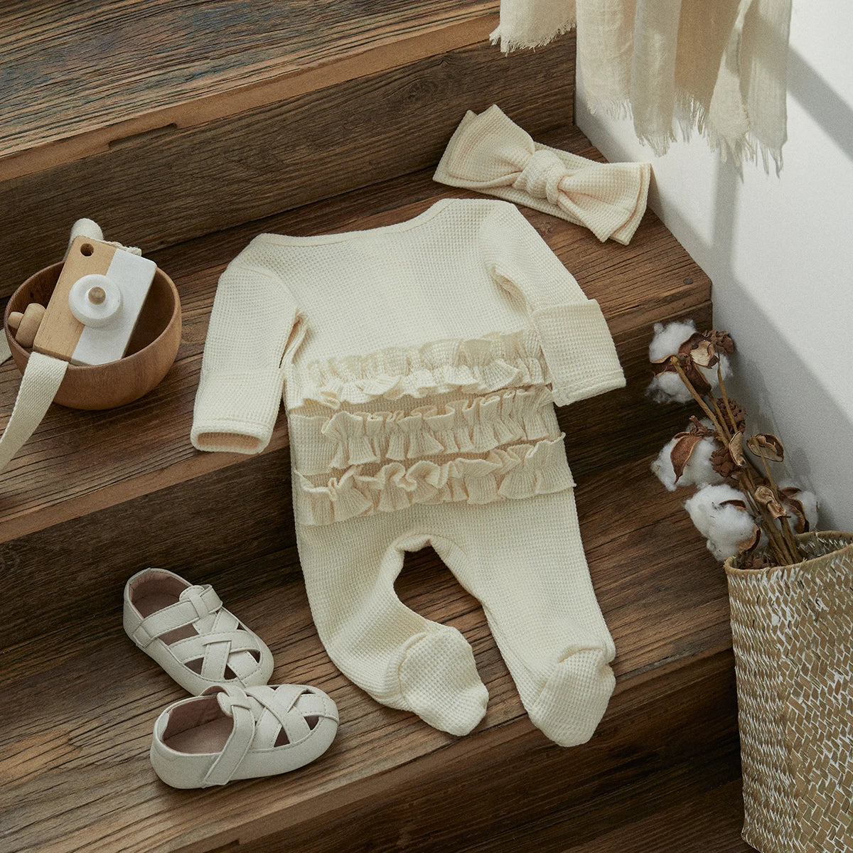 A cream knit romper for a baby girl with ruffled details and a matching bow headband displayed on wooden stairs.