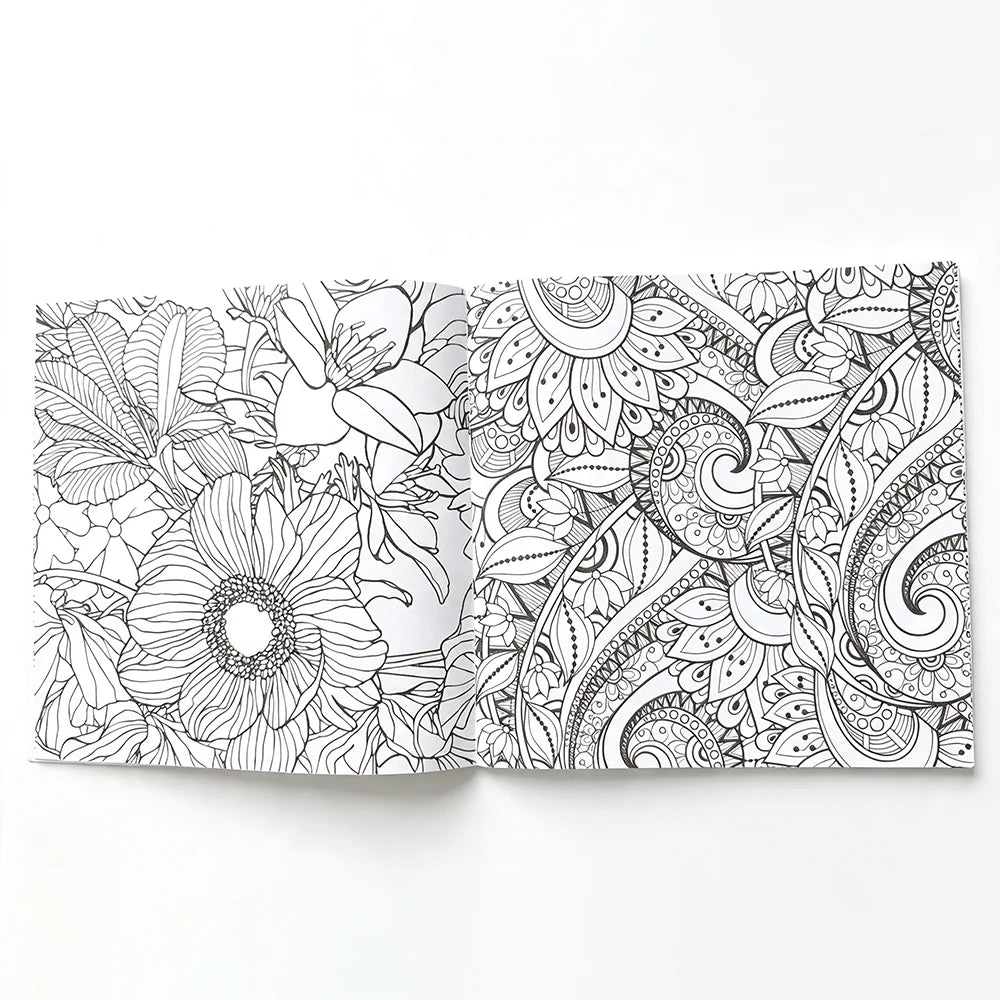 A spread from a 24-page mandala coloring book featuring intricate black line art patterns.