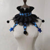 Black and blue checkered ruff collar accessory with black and blue fabric accents displayed on a mannequin.