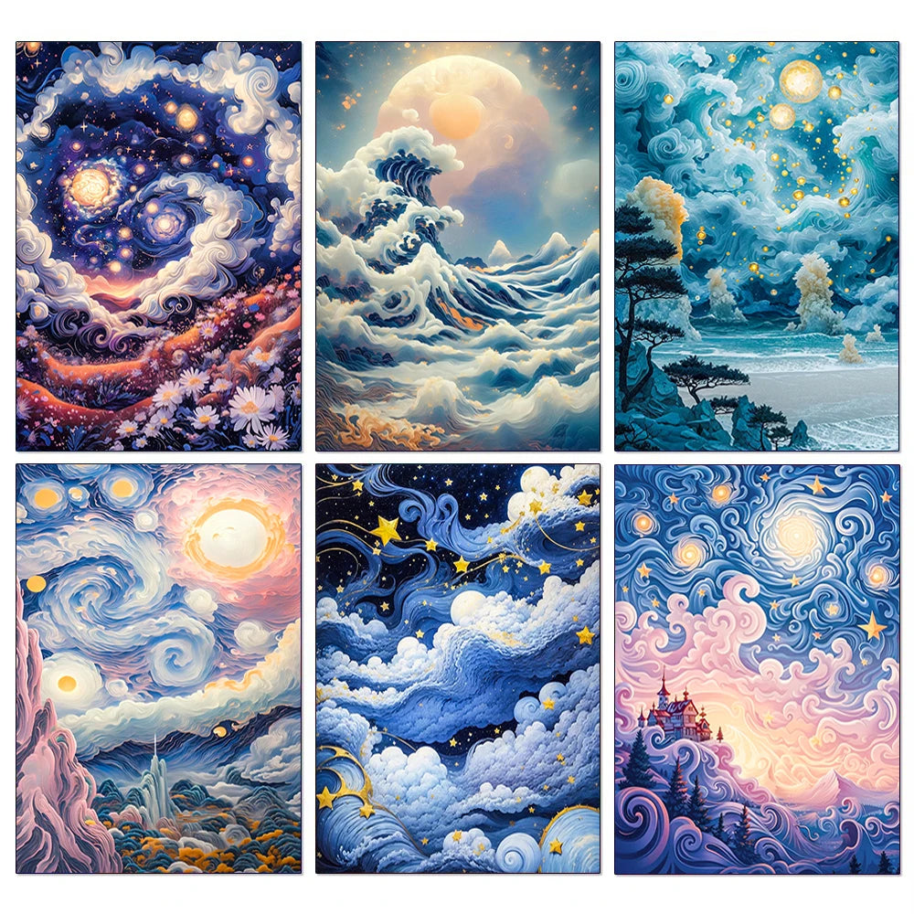 A collage of nine paintings depicting various night and starry sky scenes, featuring clouds, celestial bodies, and landscapes