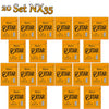 A set of twenty sets of Orthee guitar strings packaged in yellow boxes.