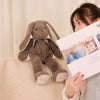 A person holds a brown long-eared bunny plush toy next to a photo of similar toys.