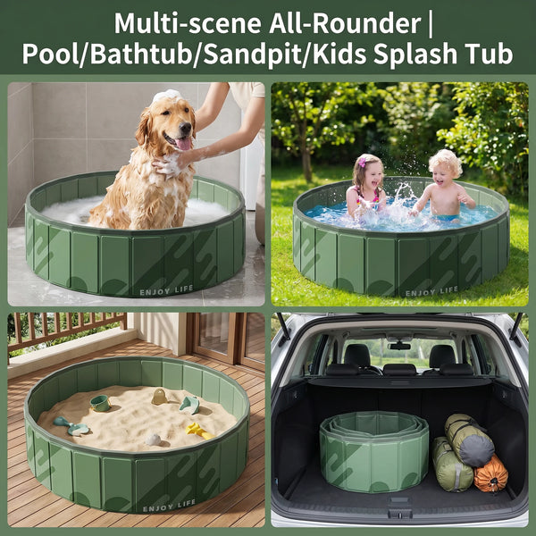 A multi-scene all-rounder pool/bathtub/sandpit tub in green, shown being used for pets and children.