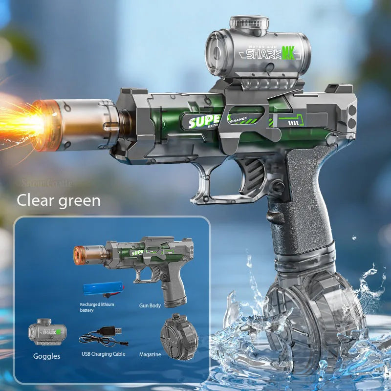 A close-up of a clear green electric water blaster toy gun with light and flame effects, showing accessories.