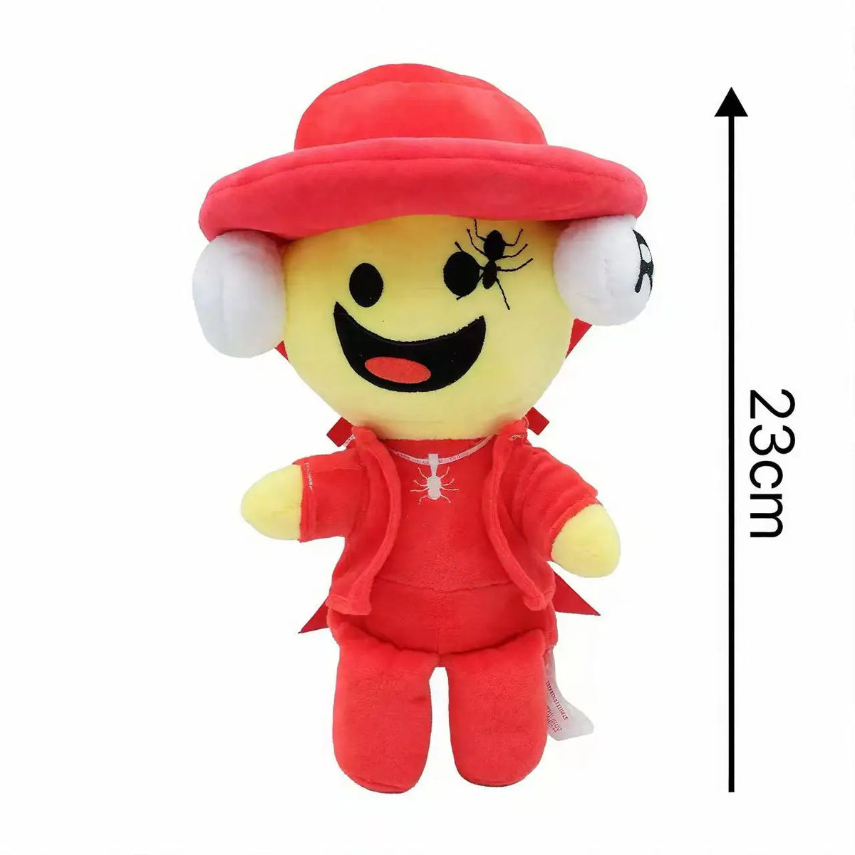 A red plush toy of a cute character with large white ears and a smiling face.