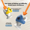 A set of fishing rods with upgraded magnetism for kids, showing two difficulty levels for confidence building.