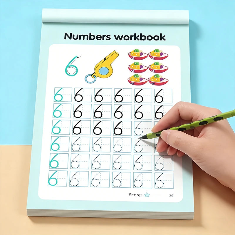 A page from a Numbers workbook showing number tracing exercises and counting objects.