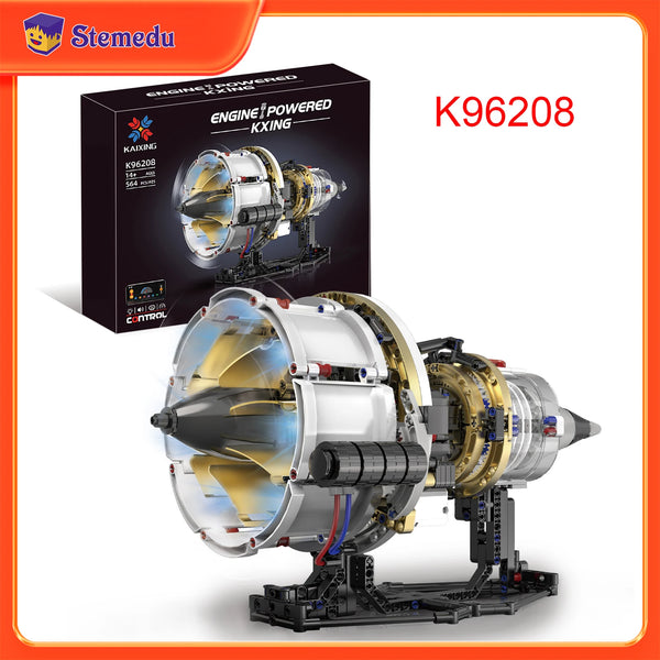 A K96208 engine powered kit showing a detailed turbofan engine assembly with control hardware.