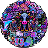 A vibrant circular sticker pack featuring various colorful and fantastical animals like dragons, mythical creatures, and cute